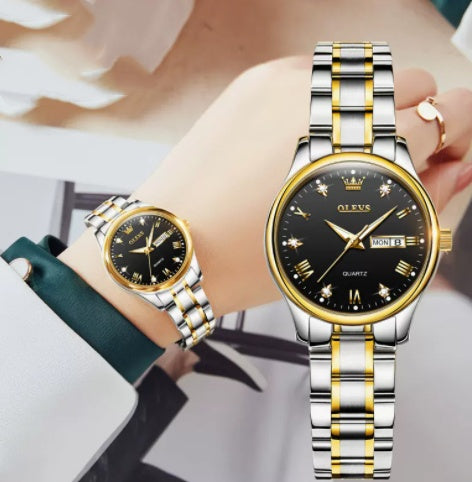 Elegant Light Luxury Fashion Watch showcasing round quartz movement with gold and black accents on the wrist.