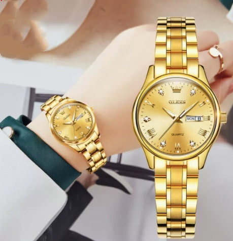 Elegant Light Luxury Fashion Watch displayed on wrist, featuring a gold quartz movement and luminous dial.